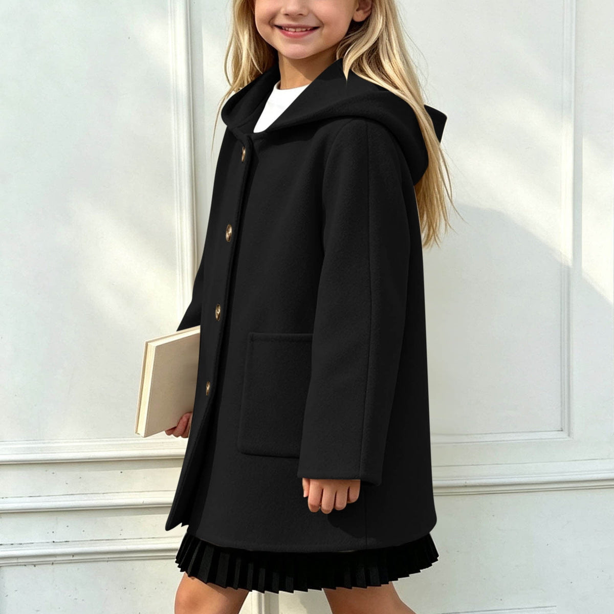 Hfnxid Girls Hooded Pea Coat Button Down Mid Length Warm Jackets Winter Faux Wool Trench Jacket 5-15 Years Light Blue,6-7 Years