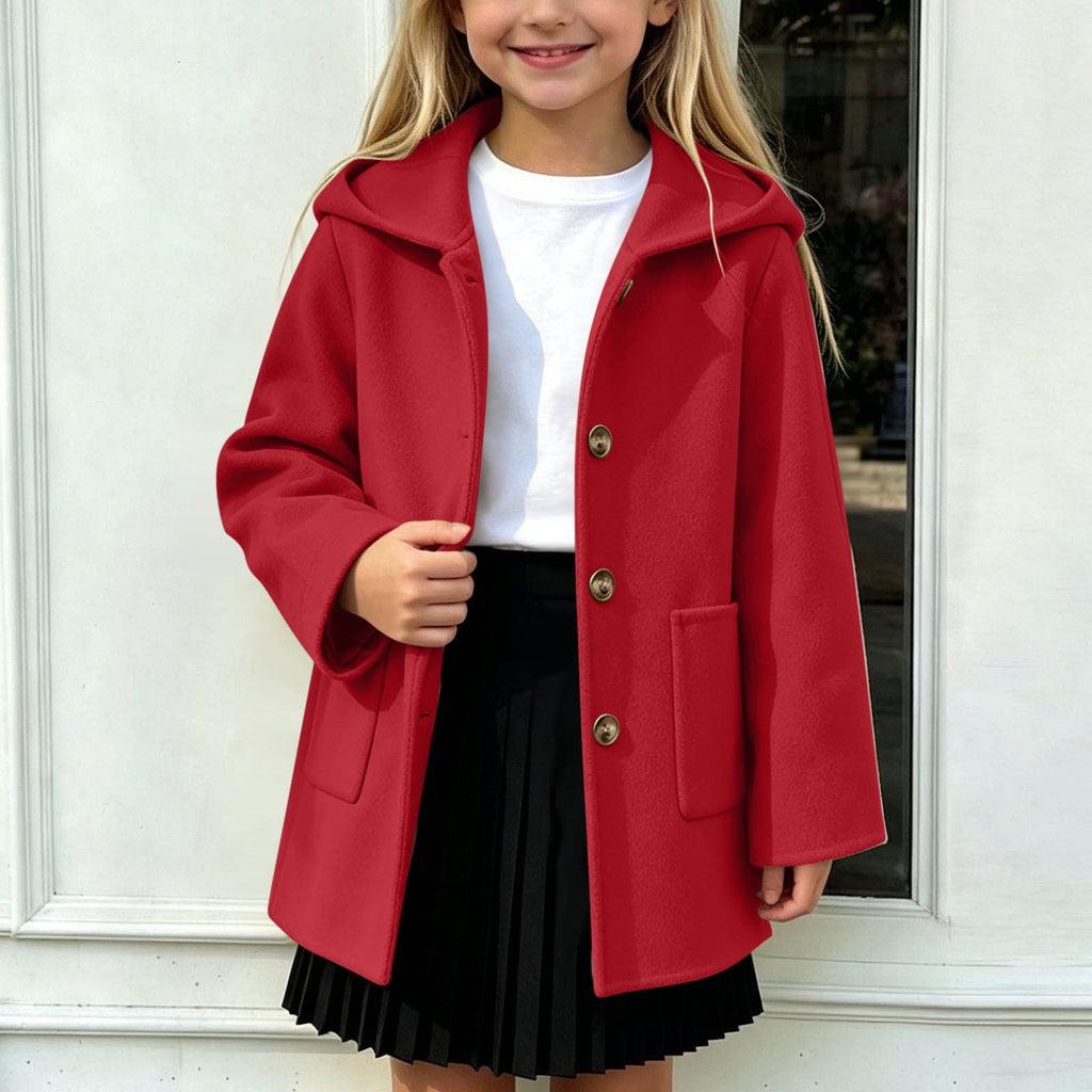 Hfnxid Girls Hooded Pea Coat Button Down Mid Length Warm Jackets Winter Faux Wool Trench Jacket 5-15 Years Light Blue,6-7 Years