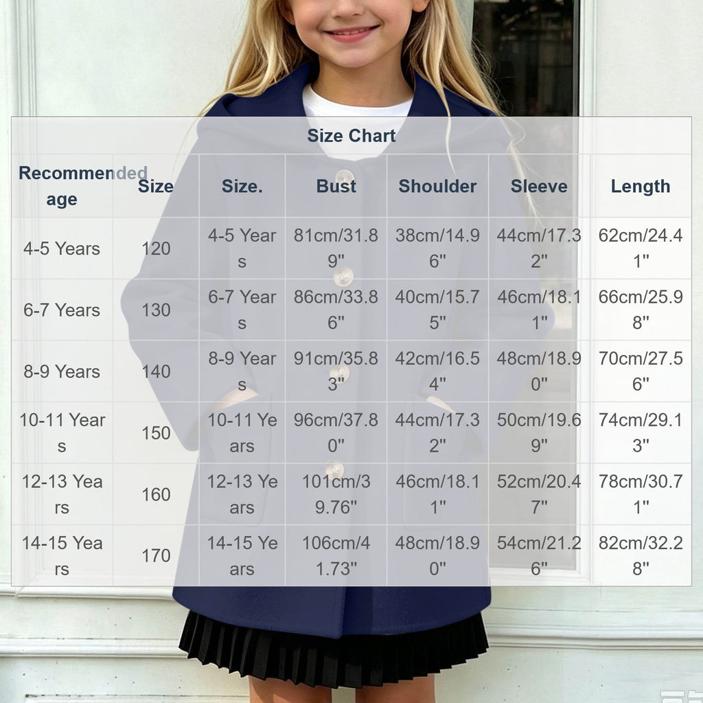 Hfnxid Girls Hooded Pea Coat Button Down Mid Length Warm Jackets Winter Faux Wool Trench Jacket 5-15 Years Light Blue,6-7 Years