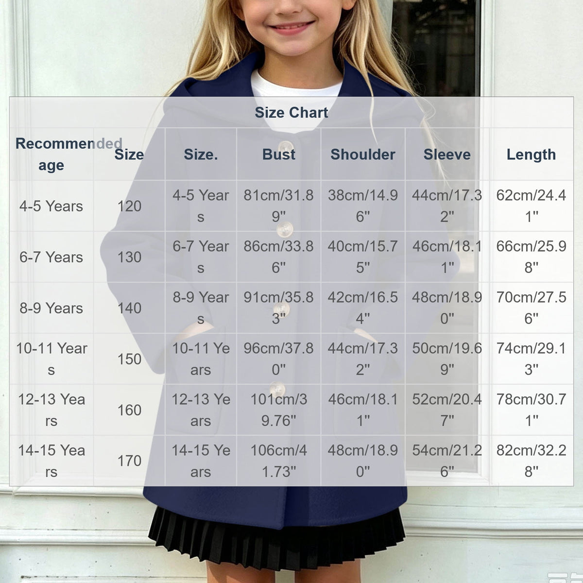 Hfnxid Girls Hooded Pea Coat Button Down Mid Length Warm Jackets Winter Faux Wool Trench Jacket 5-15 Years Light Blue,6-7 Years