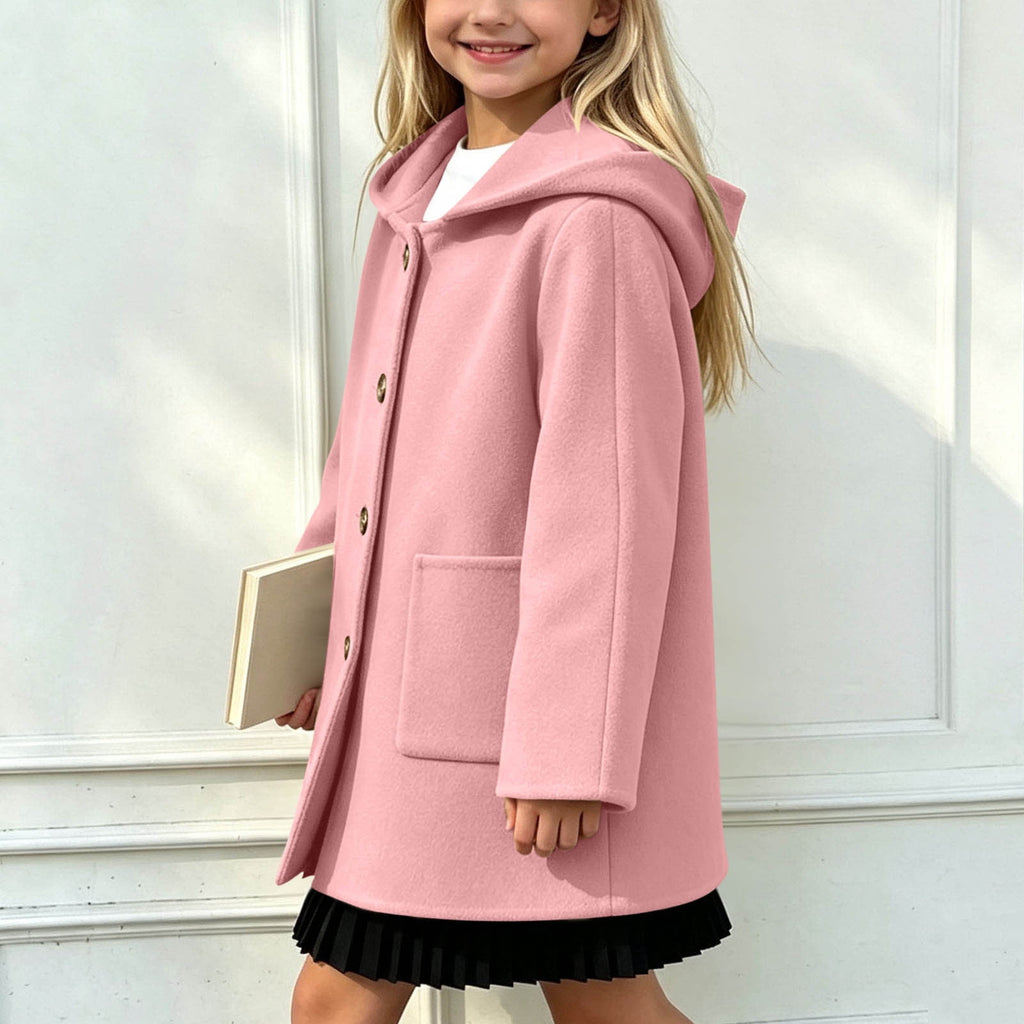 Hfnxid Girls Hooded Pea Coat Button Down Mid Length Warm Jackets Winter Faux Wool Trench Jacket 5-15 Years Light Blue,6-7 Years