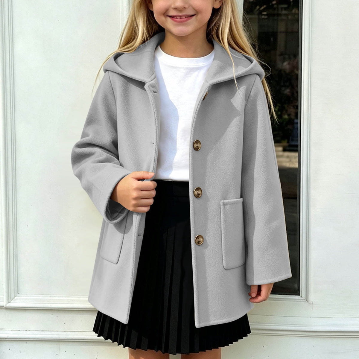 Hfnxid Girls Hooded Pea Coat Button Down Mid Length Warm Jackets Winter Faux Wool Trench Jacket 5-15 Years Light Blue,6-7 Years