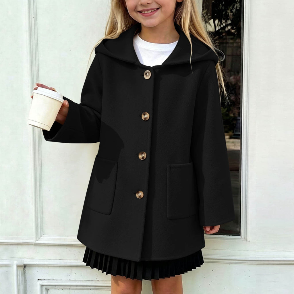 Hfnxid Girls Hooded Pea Coat Button Down Mid Length Warm Jackets Winter Faux Wool Trench Jacket 5-15 Years Light Blue,6-7 Years
