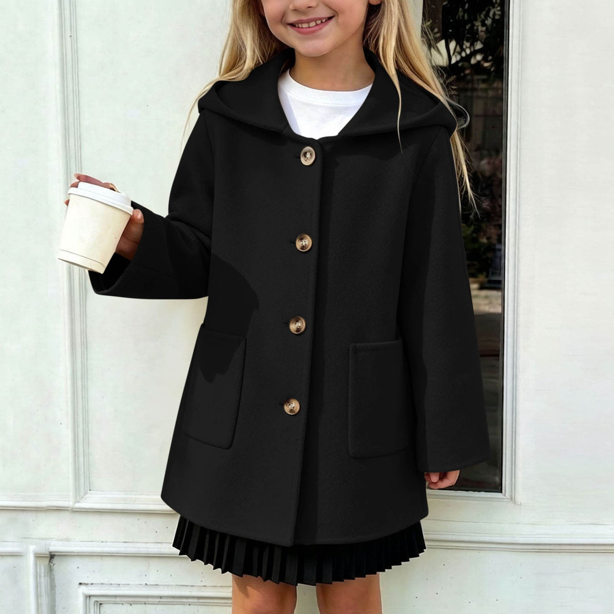 Hfnxid Girls Hooded Pea Coat Button Down Mid Length Warm Jackets Winter Faux Wool Trench Jacket 5-15 Years Light Blue,6-7 Years