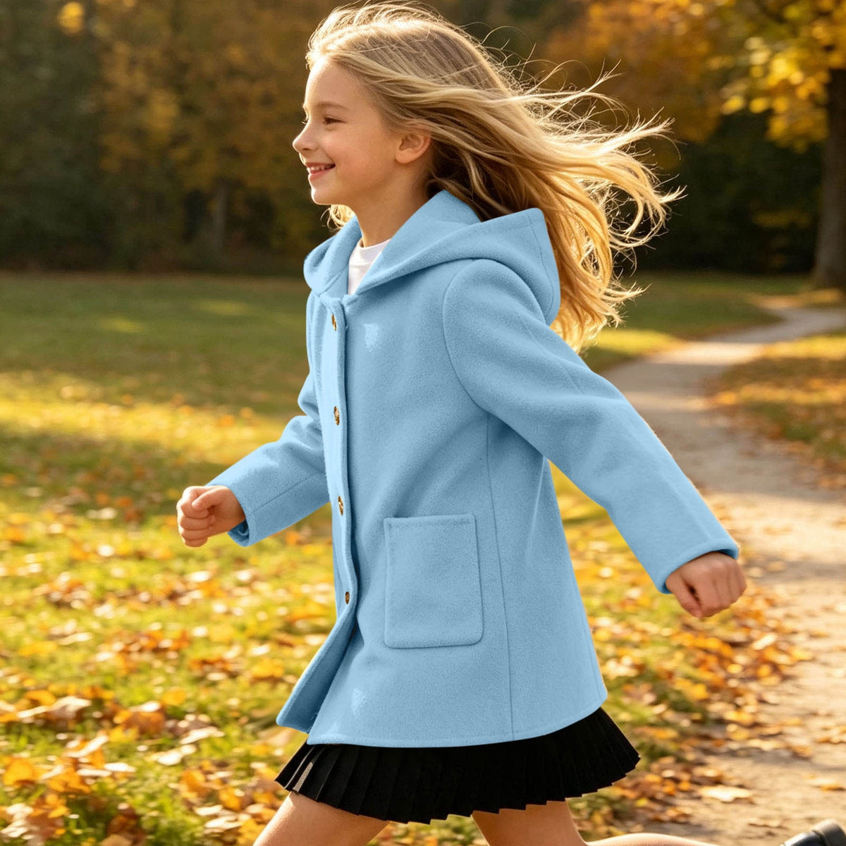 Hfnxid Girls Hooded Pea Coat Button Down Mid Length Warm Jackets Winter Faux Wool Trench Jacket 5-15 Years Light Blue,6-7 Years