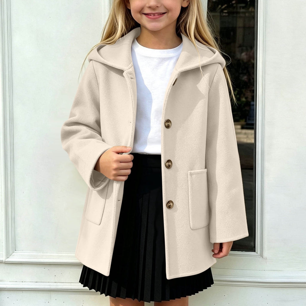 Hfnxid Girls Hooded Pea Coat Button Down Mid Length Warm Jackets Winter Faux Wool Trench Jacket 5-15 Years Light Blue,6-7 Years