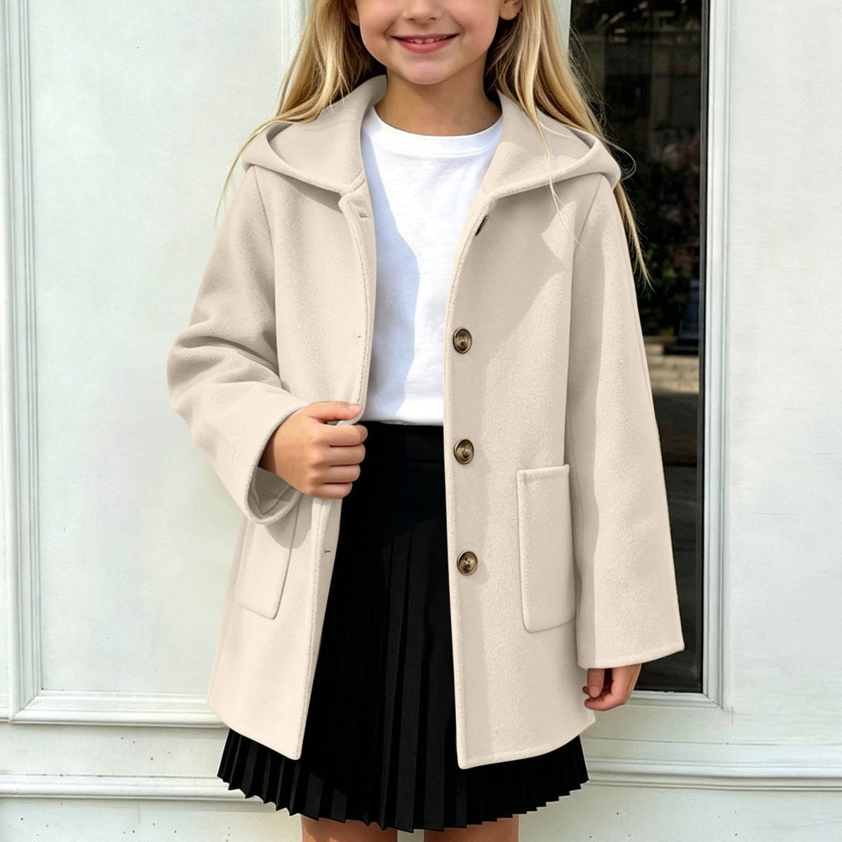 Hfnxid Girls Hooded Pea Coat Button Down Mid Length Warm Jackets Winter Faux Wool Trench Jacket 5-15 Years Light Blue,6-7 Years