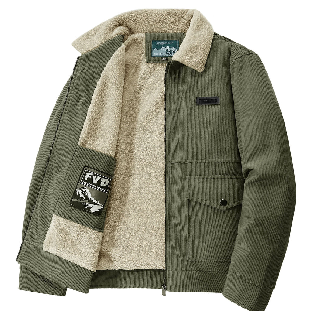 Timoontee Men's Corduroy Jacket Coat Fall Winter Fleece Lined Warm Coats Long Sleeve Lapel Collar Zip Up Jacket Solid Flap Pocket Outerwear Jacket Army Green XXL