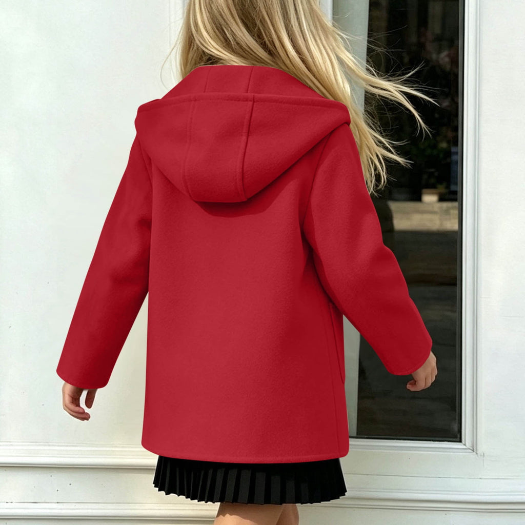 Hfnxid Girls Hooded Pea Coat Button Down Mid Length Warm Jackets Winter Faux Wool Trench Jacket 5-15 Years Light Blue,6-7 Years