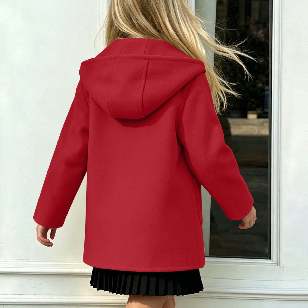 Hfnxid Girls Hooded Pea Coat Button Down Mid Length Warm Jackets Winter Faux Wool Trench Jacket 5-15 Years Light Blue,6-7 Years