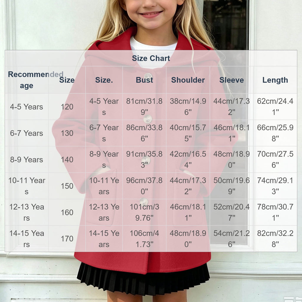 Hfnxid Girls Hooded Pea Coat Button Down Mid Length Warm Jackets Winter Faux Wool Trench Jacket 5-15 Years Light Blue,6-7 Years