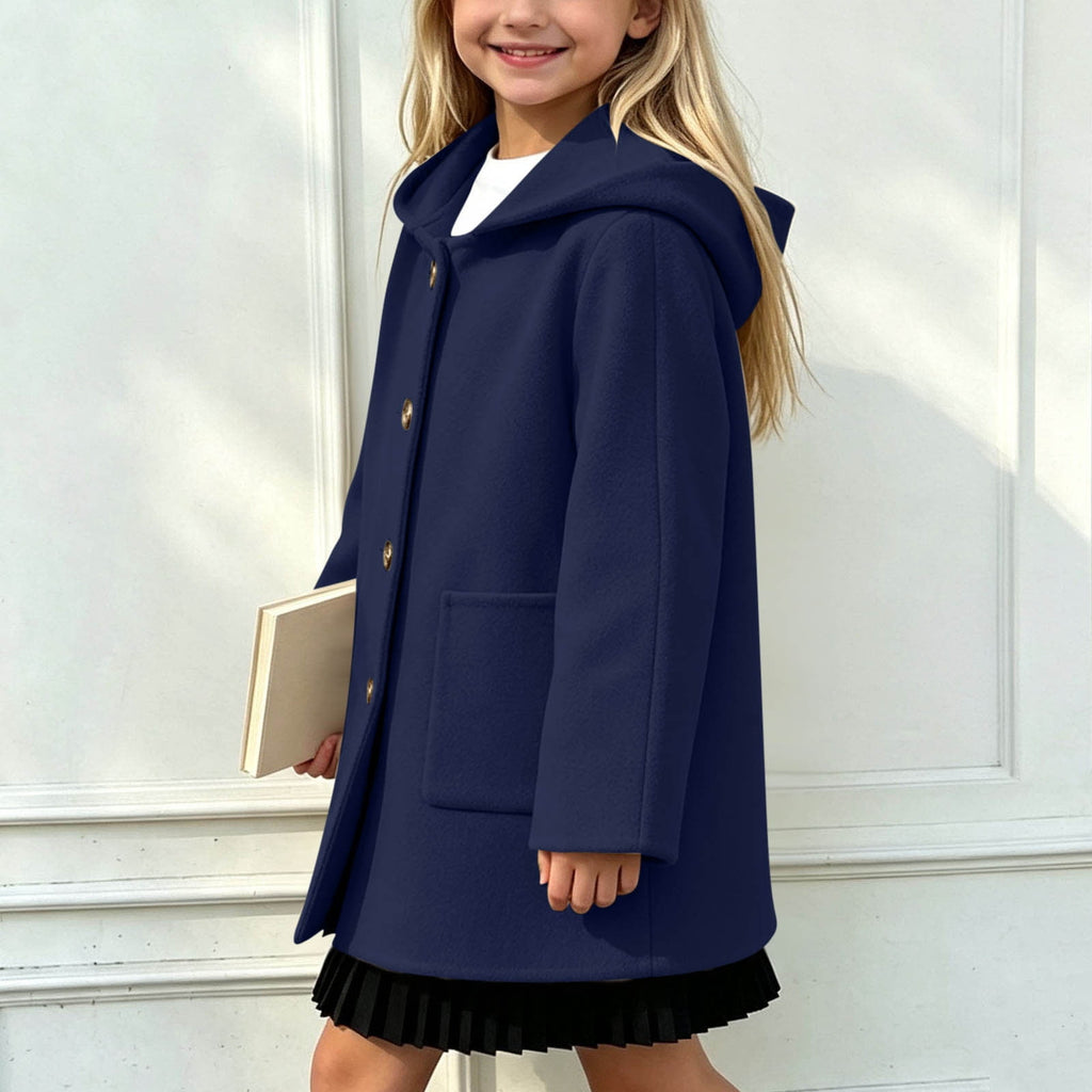 Hfnxid Girls Hooded Pea Coat Button Down Mid Length Warm Jackets Winter Faux Wool Trench Jacket 5-15 Years Light Blue,6-7 Years