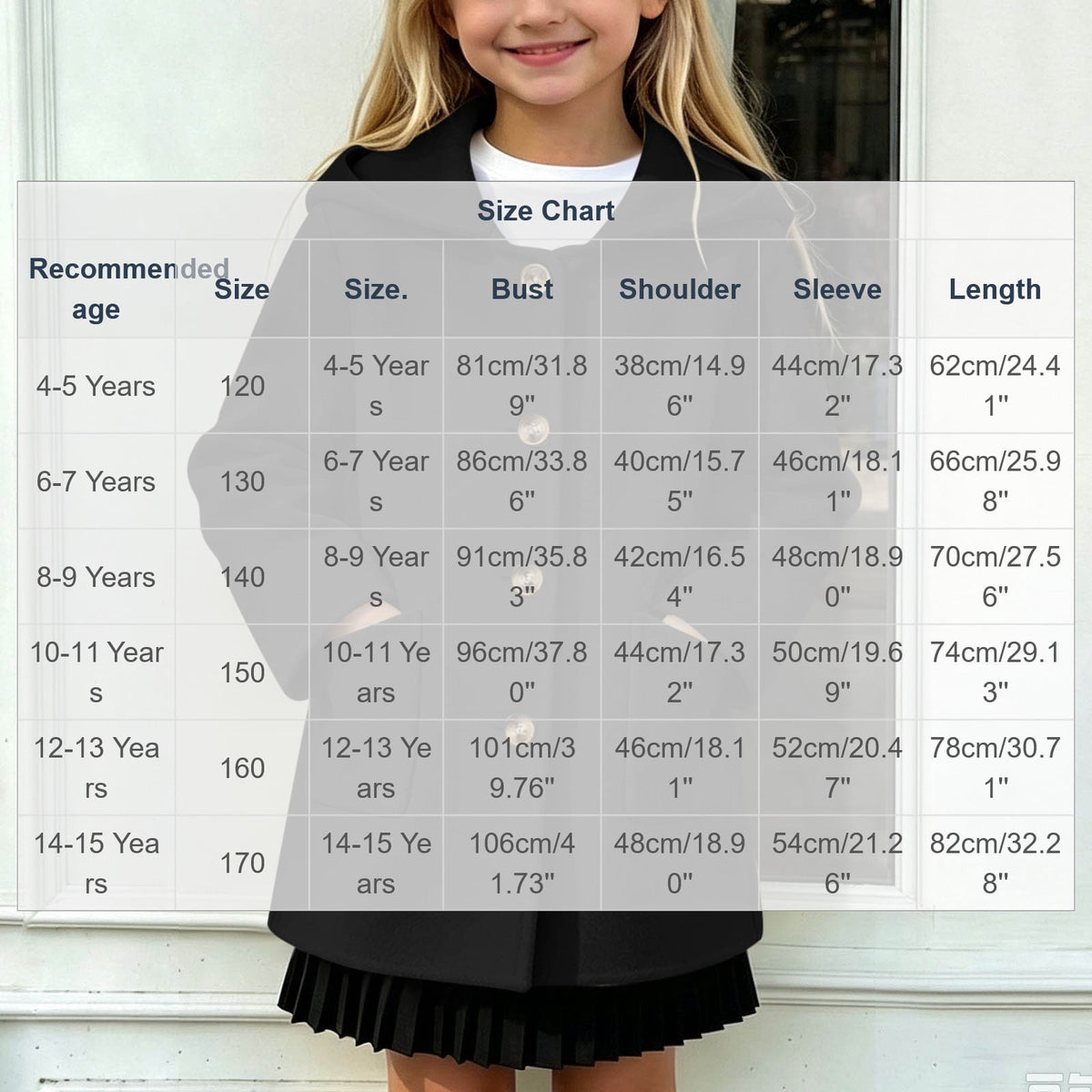Hfnxid Girls Hooded Pea Coat Button Down Mid Length Warm Jackets Winter Faux Wool Trench Jacket 5-15 Years Light Blue,6-7 Years