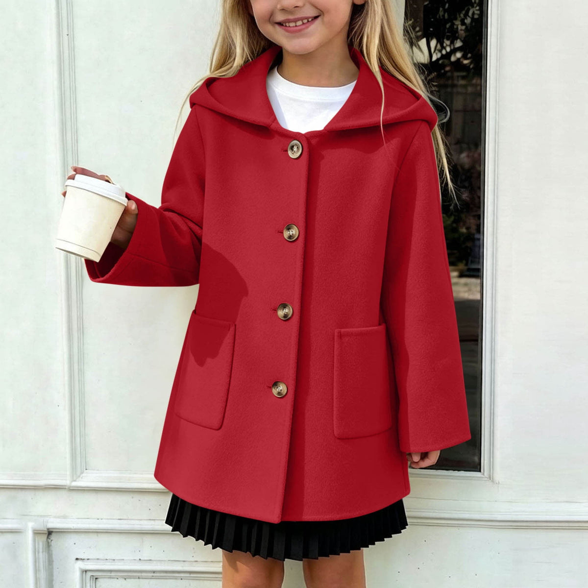 Hfnxid Girls Hooded Pea Coat Button Down Mid Length Warm Jackets Winter Faux Wool Trench Jacket 5-15 Years Light Blue,6-7 Years