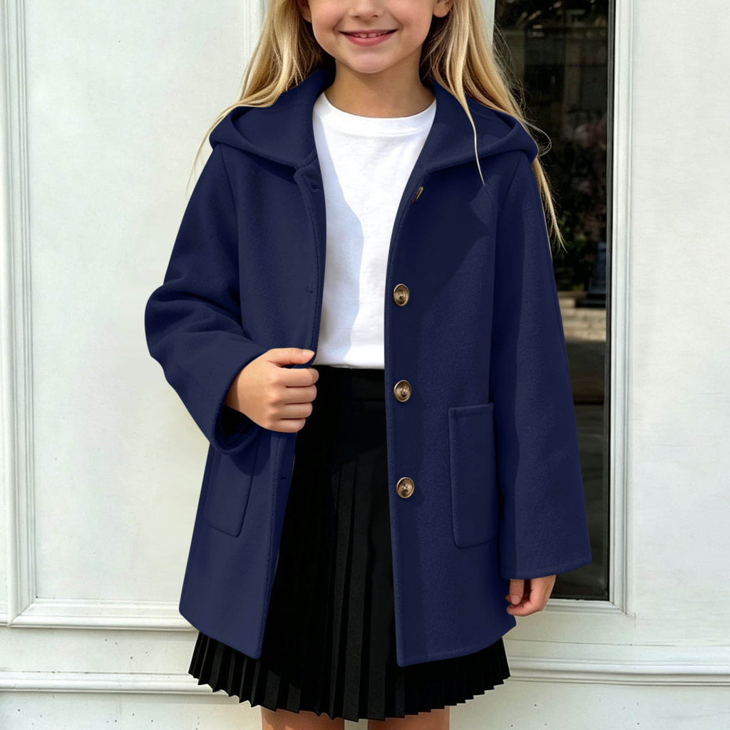 Hfnxid Girls Hooded Pea Coat Button Down Mid Length Warm Jackets Winter Faux Wool Trench Jacket 5-15 Years Light Blue,6-7 Years