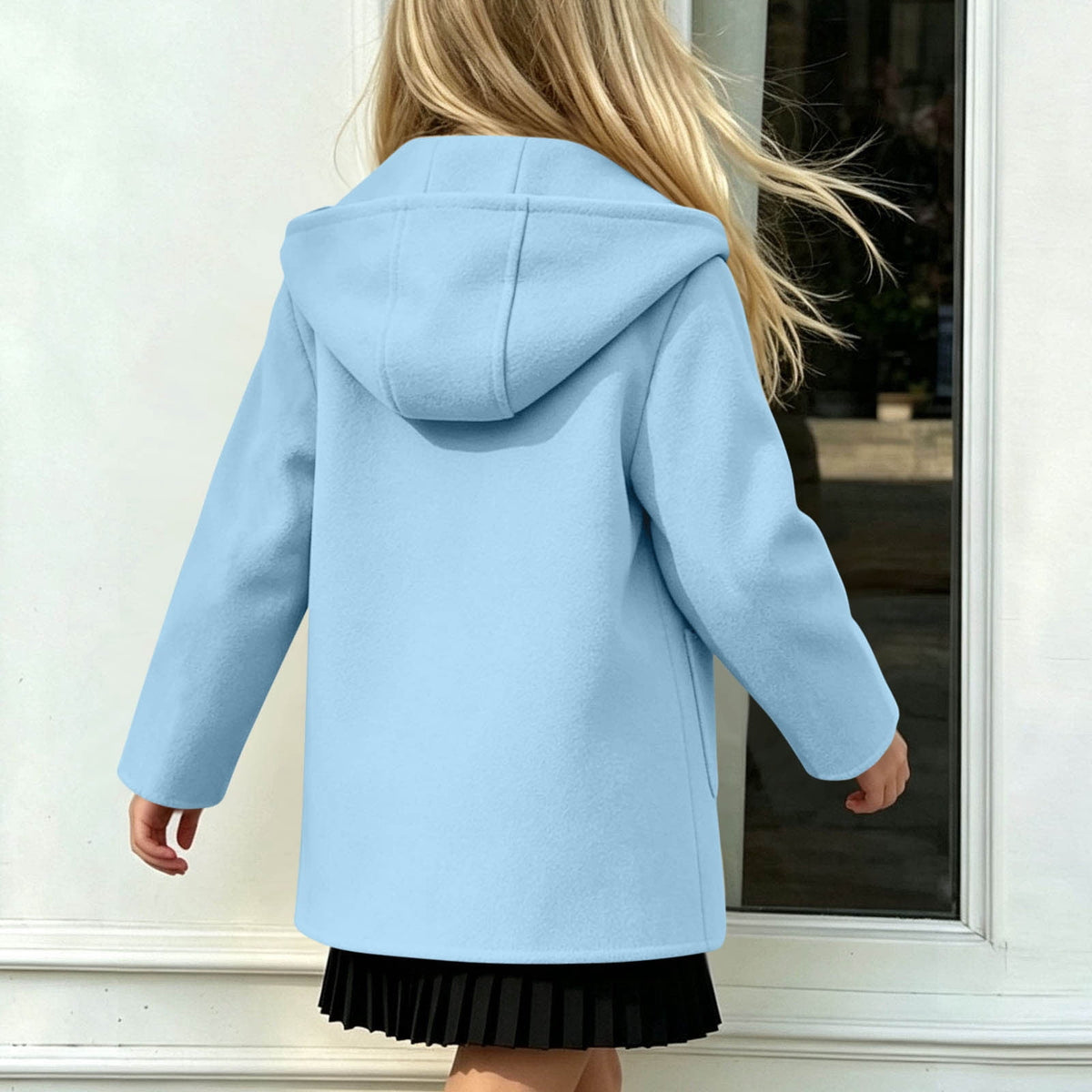 Hfnxid Girls Hooded Pea Coat Button Down Mid Length Warm Jackets Winter Faux Wool Trench Jacket 5-15 Years Light Blue,6-7 Years