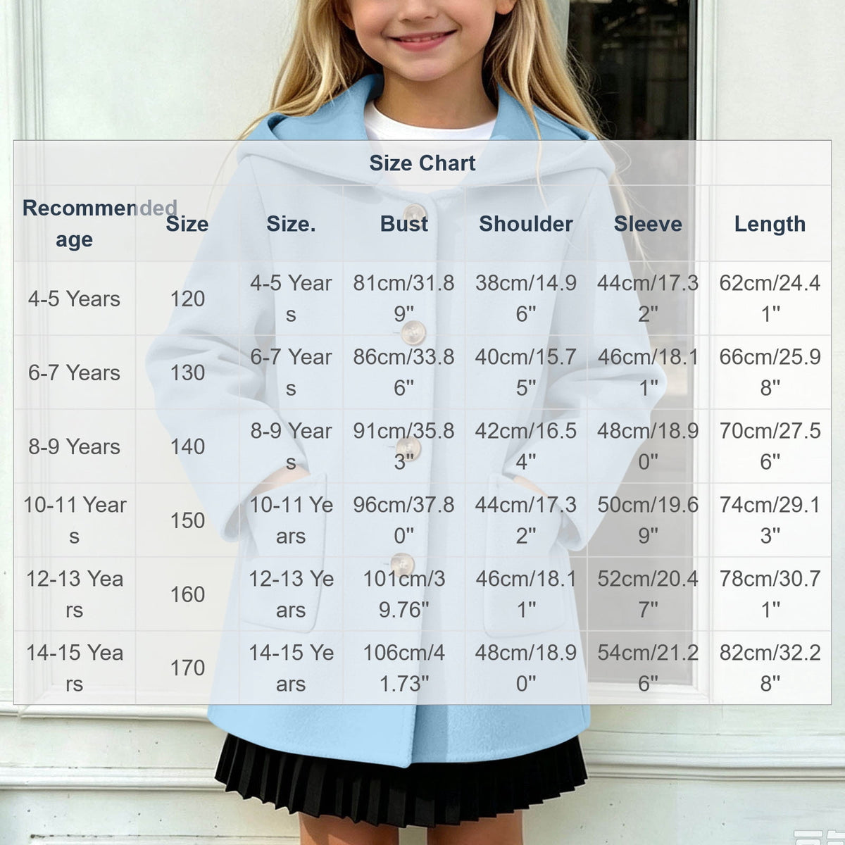 Hfnxid Girls Hooded Pea Coat Button Down Mid Length Warm Jackets Winter Faux Wool Trench Jacket 5-15 Years Light Blue,6-7 Years