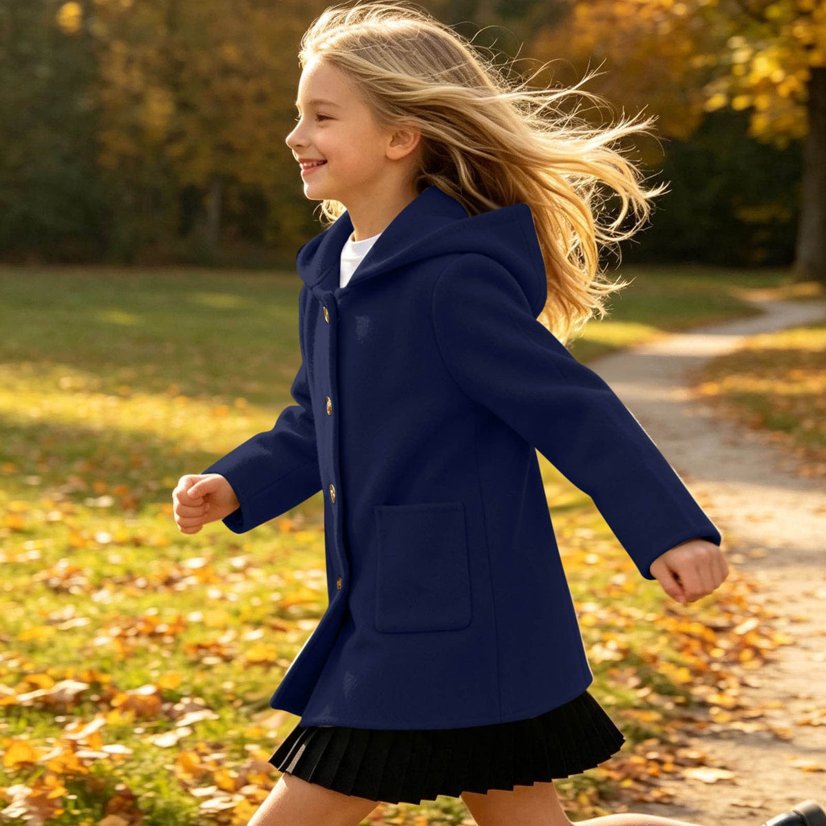 Hfnxid Girls Hooded Pea Coat Button Down Mid Length Warm Jackets Winter Faux Wool Trench Jacket 5-15 Years Light Blue,6-7 Years