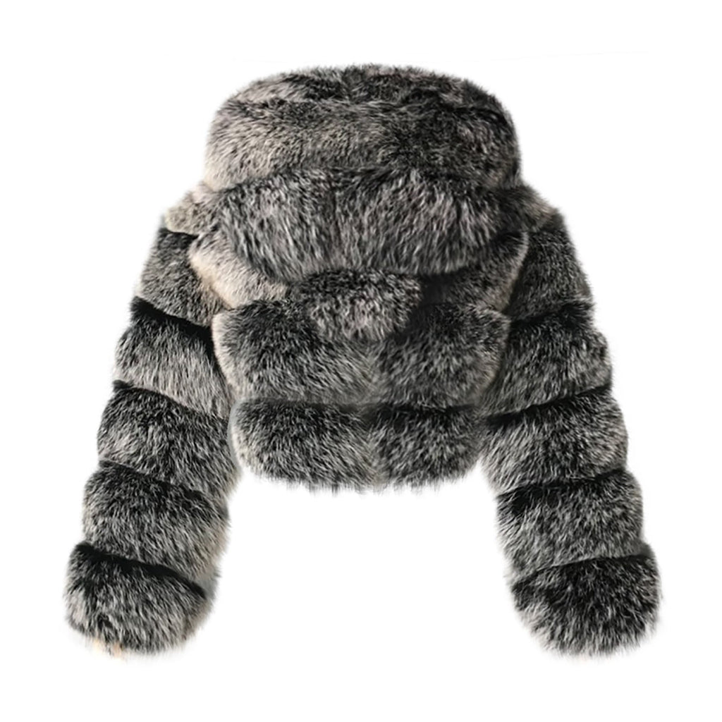 FNFYFH Womens Plus Size Faux Furry Coat Winter Warm Fluffy Hooded Jackets Fleece Zipper Long Sleeve Outerwear Furry Splicing Jacket for Women Black S-4XL