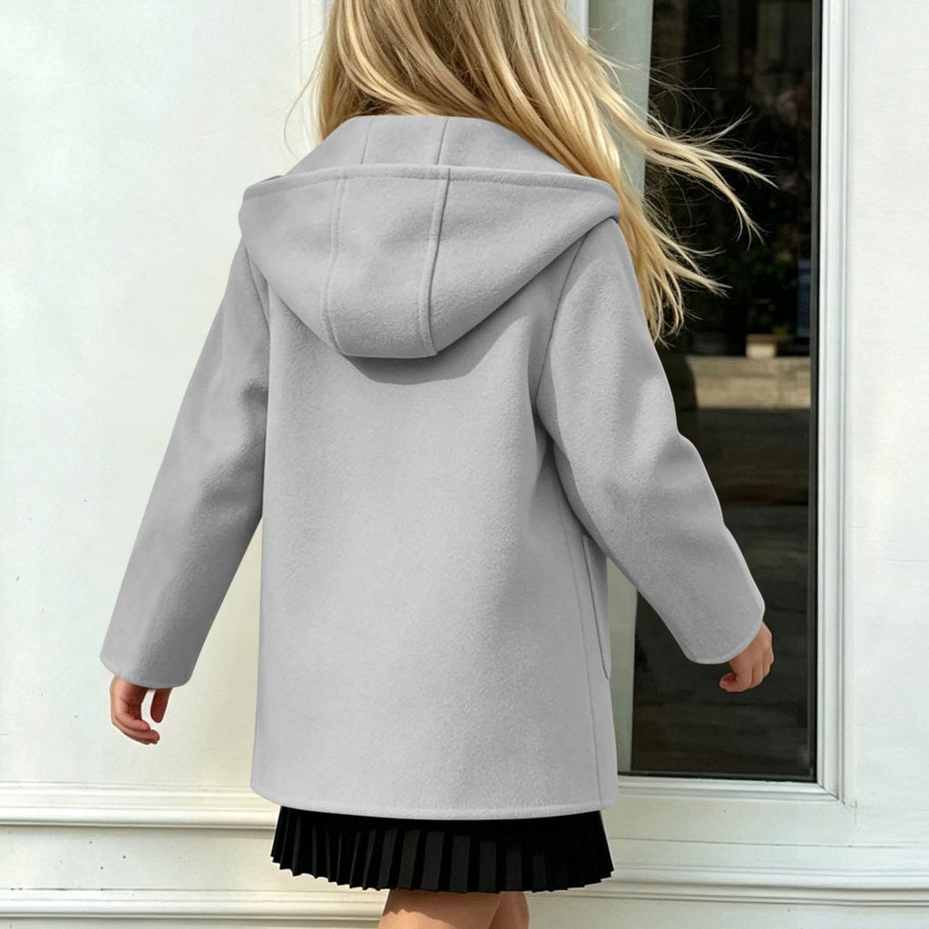 Hfnxid Girls Hooded Pea Coat Button Down Mid Length Warm Jackets Winter Faux Wool Trench Jacket 5-15 Years Light Blue,6-7 Years