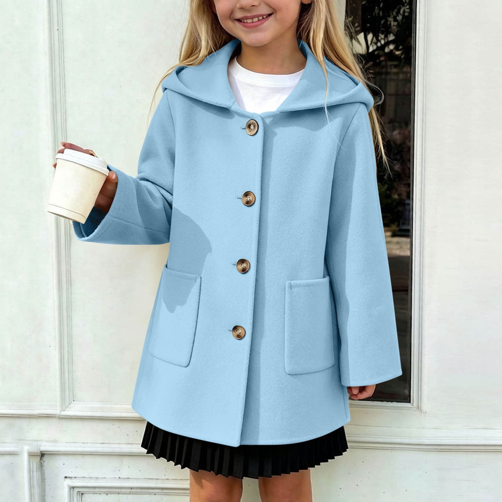 Hfnxid Girls Hooded Pea Coat Button Down Mid Length Warm Jackets Winter Faux Wool Trench Jacket 5-15 Years Light Blue,6-7 Years