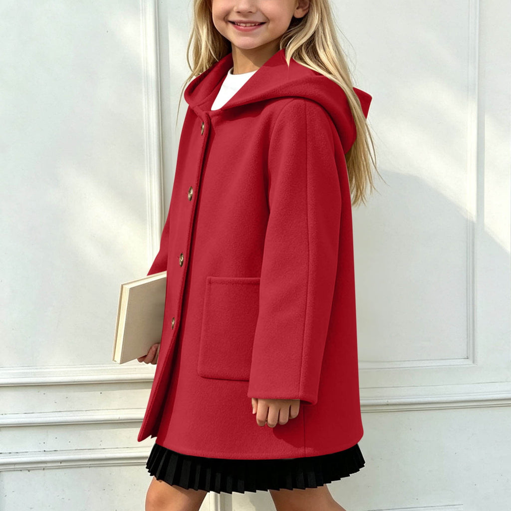 Hfnxid Girls Hooded Pea Coat Button Down Mid Length Warm Jackets Winter Faux Wool Trench Jacket 5-15 Years Light Blue,6-7 Years