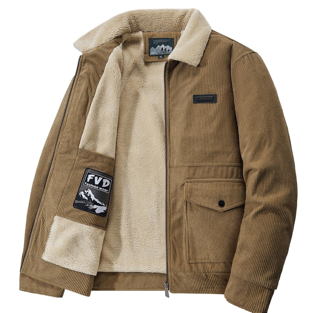 Timoontee Men's Corduroy Jacket Coat Fall Winter Fleece Lined Warm Coats Long Sleeve Lapel Collar Zip Up Jacket Solid Flap Pocket Outerwear Jacket Army Green XXL