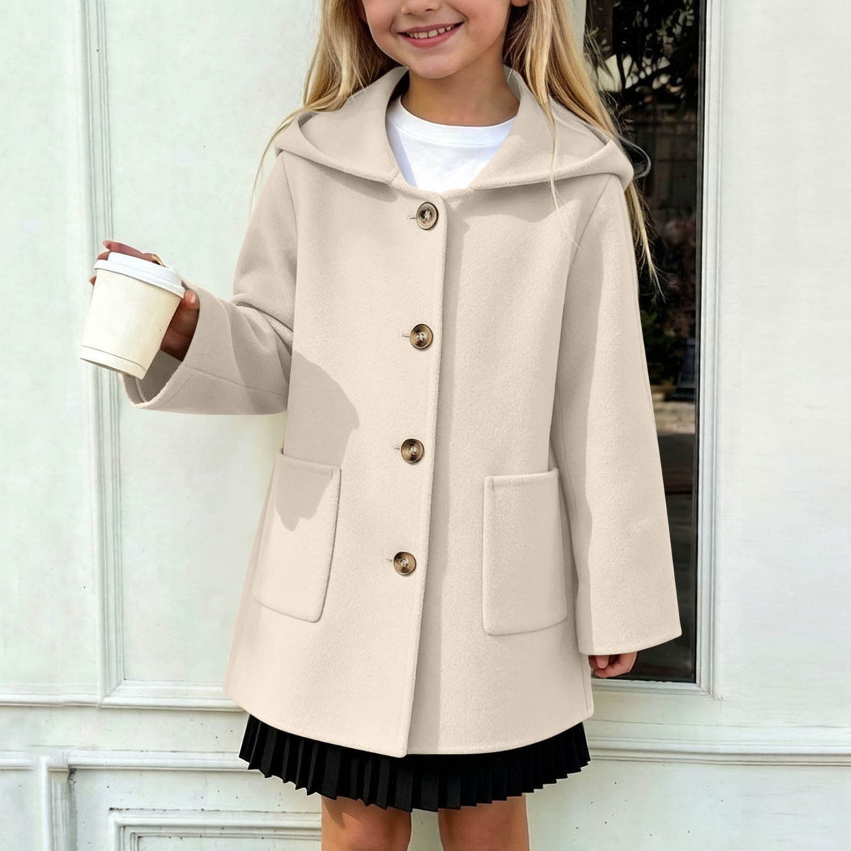 Hfnxid Girls Hooded Pea Coat Button Down Mid Length Warm Jackets Winter Faux Wool Trench Jacket 5-15 Years Light Blue,6-7 Years