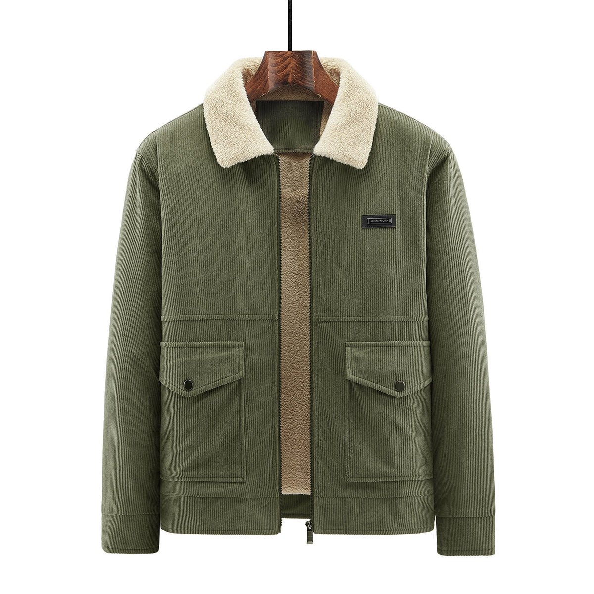 Timoontee Men's Corduroy Jacket Coat Fall Winter Fleece Lined Warm Coats Long Sleeve Lapel Collar Zip Up Jacket Solid Flap Pocket Outerwear Jacket Army Green XXL