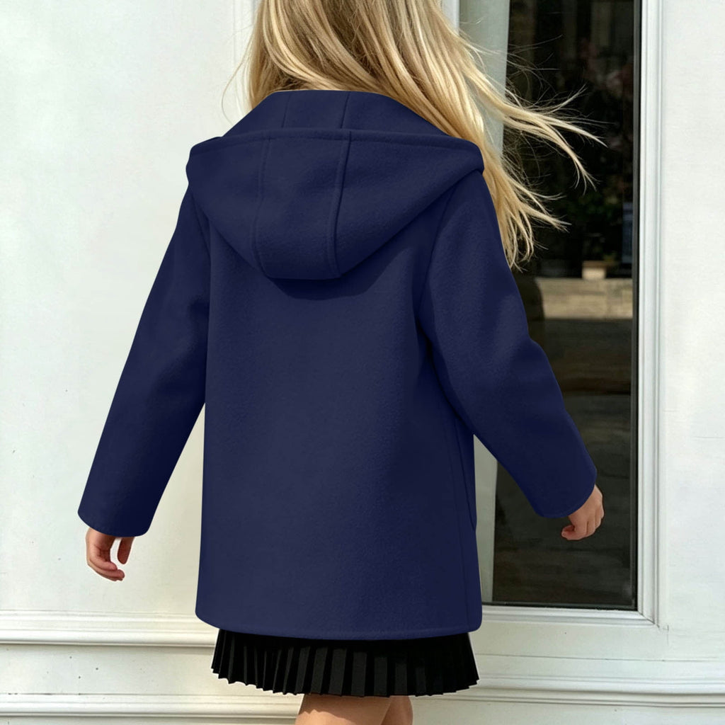 Hfnxid Girls Hooded Pea Coat Button Down Mid Length Warm Jackets Winter Faux Wool Trench Jacket 5-15 Years Light Blue,6-7 Years