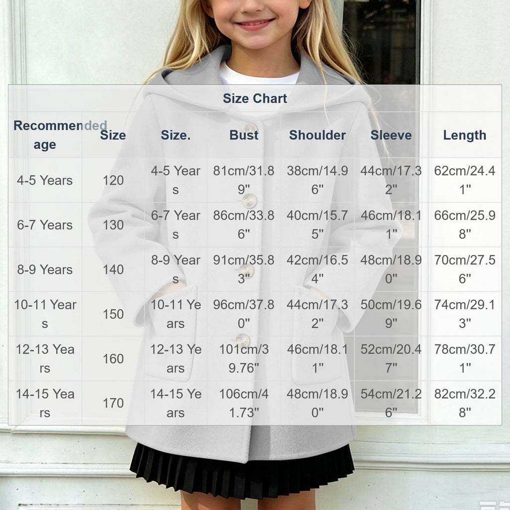 Hfnxid Girls Hooded Pea Coat Button Down Mid Length Warm Jackets Winter Faux Wool Trench Jacket 5-15 Years Light Blue,6-7 Years
