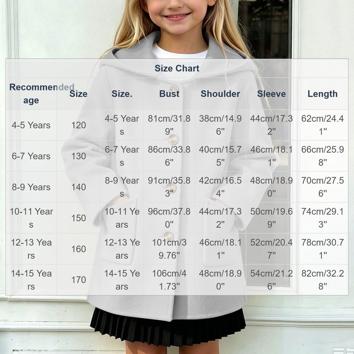 Hfnxid Girls Hooded Pea Coat Button Down Mid Length Warm Jackets Winter Faux Wool Trench Jacket 5-15 Years Light Blue,6-7 Years