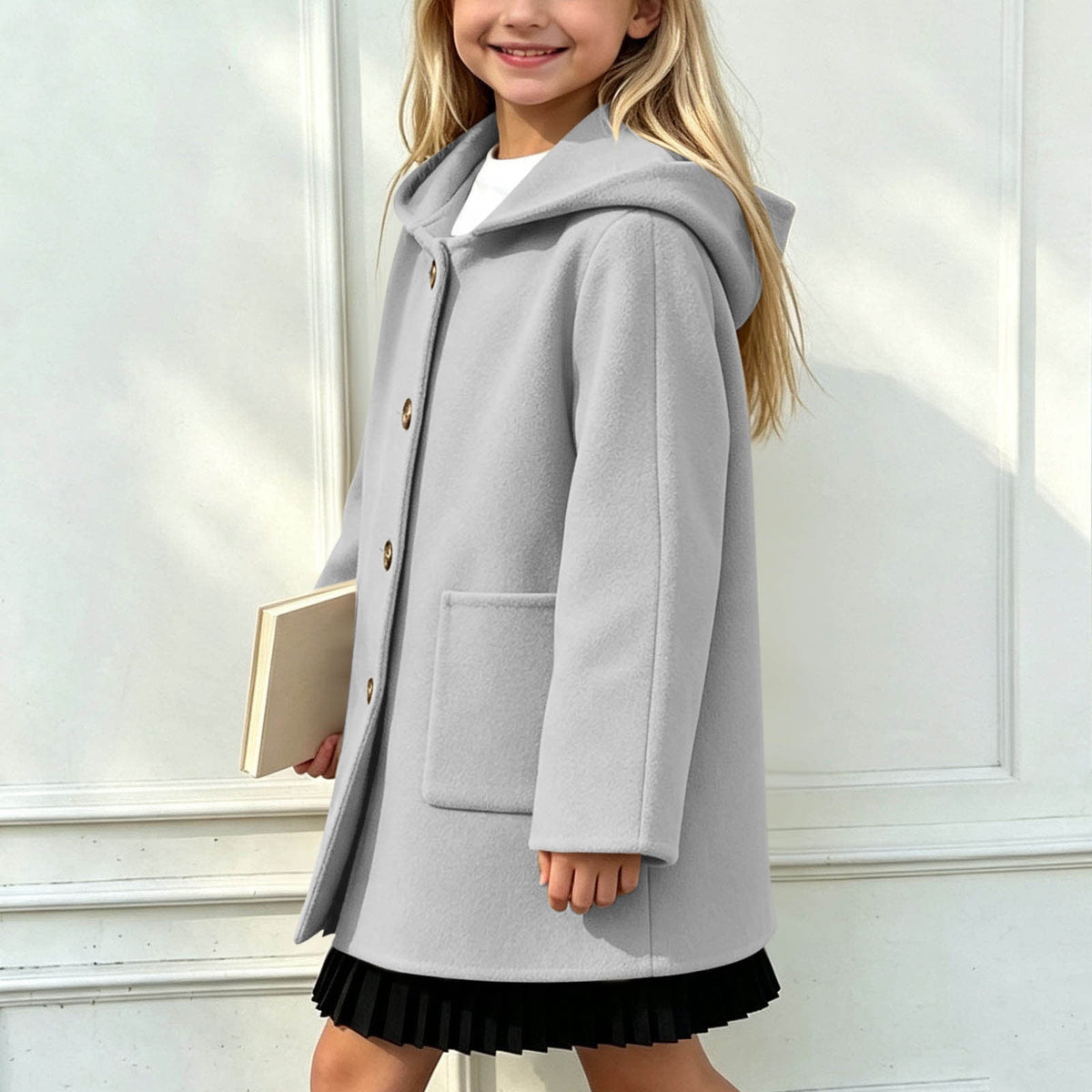 Hfnxid Girls Hooded Pea Coat Button Down Mid Length Warm Jackets Winter Faux Wool Trench Jacket 5-15 Years Light Blue,6-7 Years