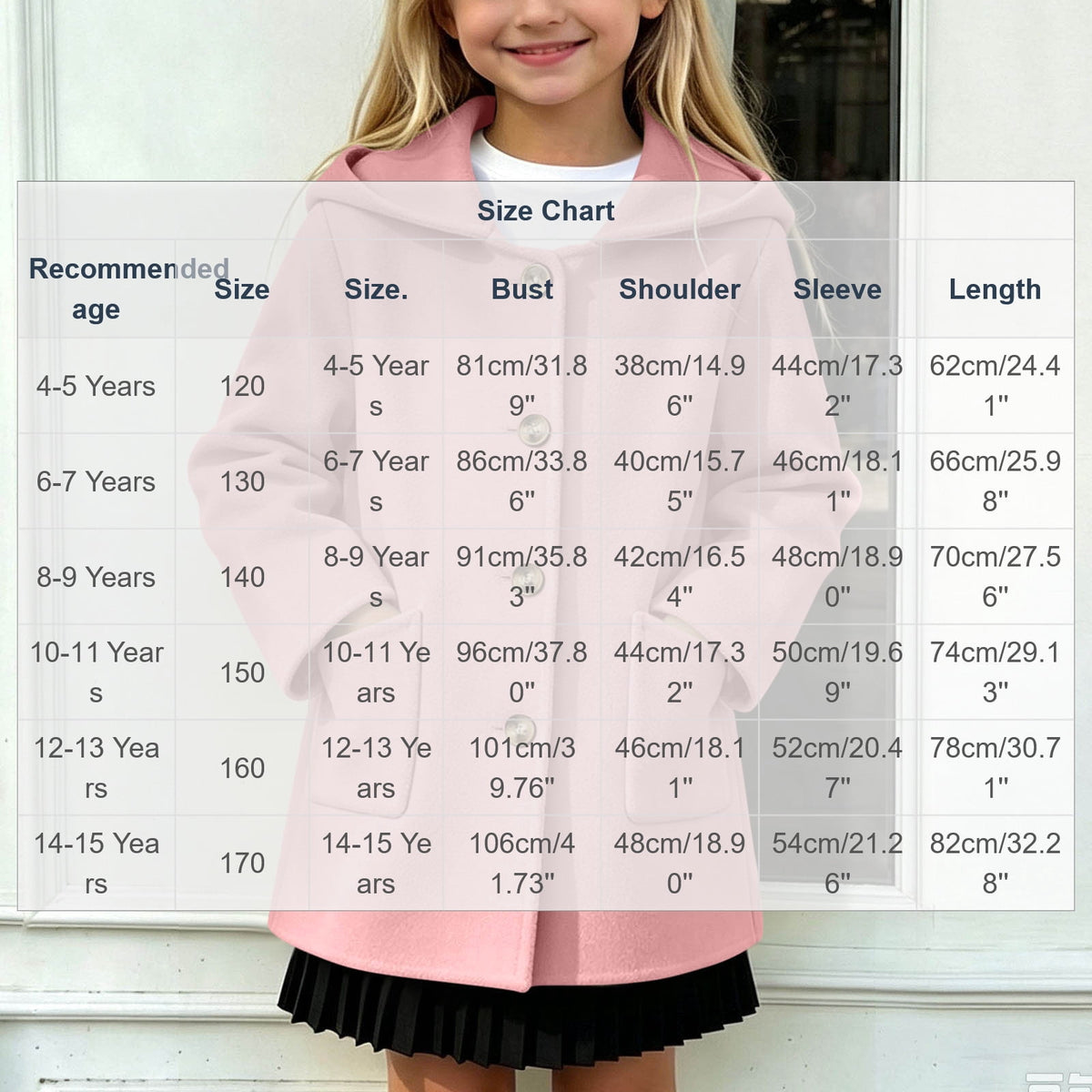 Hfnxid Girls Hooded Pea Coat Button Down Mid Length Warm Jackets Winter Faux Wool Trench Jacket 5-15 Years Light Blue,6-7 Years