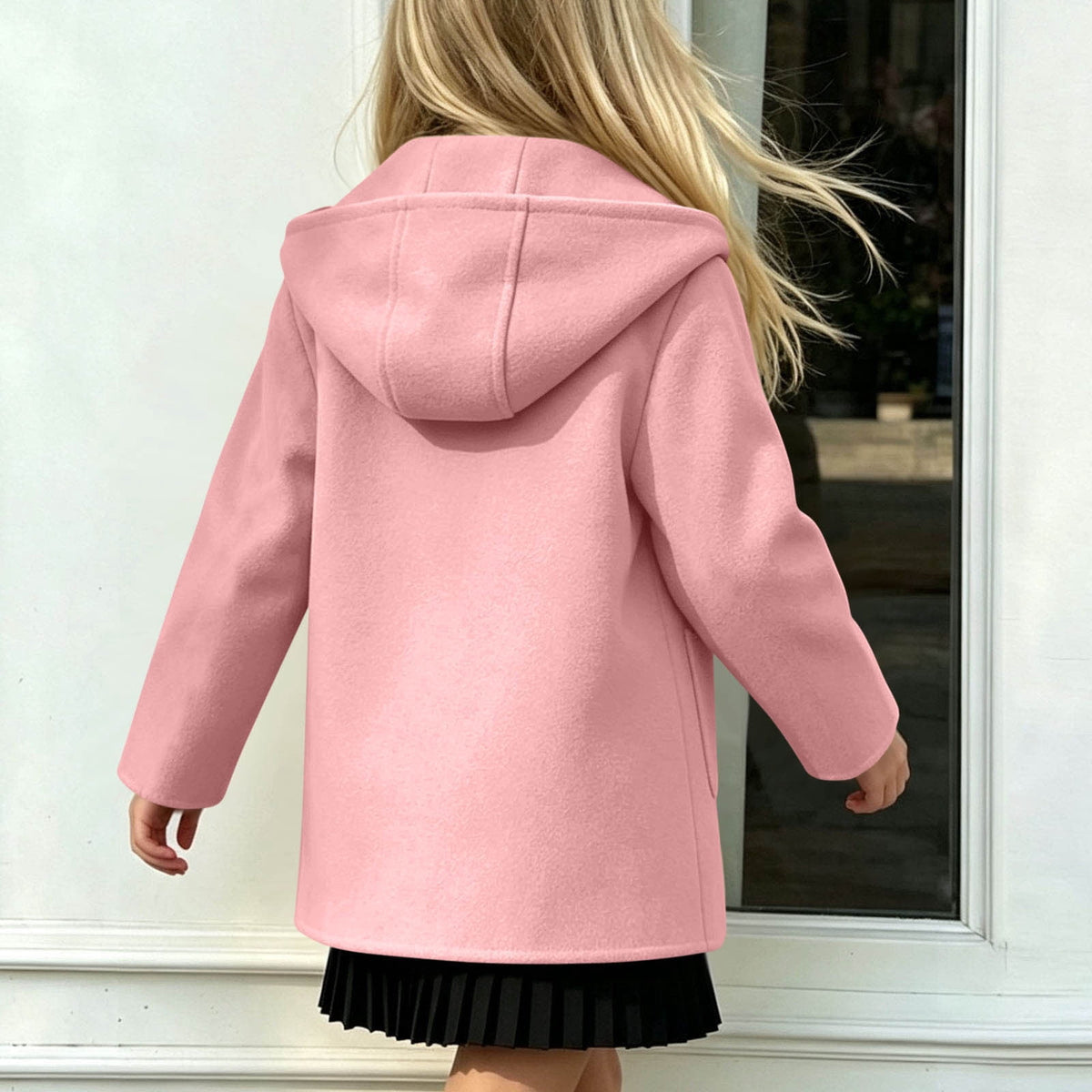Hfnxid Girls Hooded Pea Coat Button Down Mid Length Warm Jackets Winter Faux Wool Trench Jacket 5-15 Years Light Blue,6-7 Years