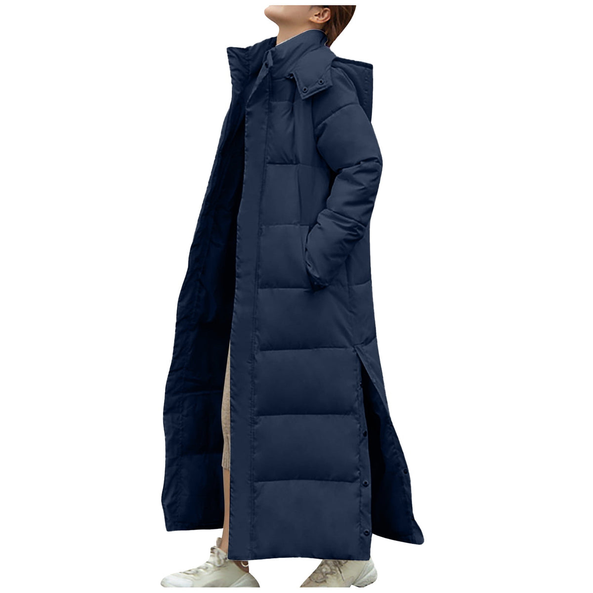 FNFYFH Fleece Puffer for Women Winter Button Hooded Coats Quilted Long Jacket Outerwear with Pockets Womens Warm Windproof Overcoat Gray XXXL