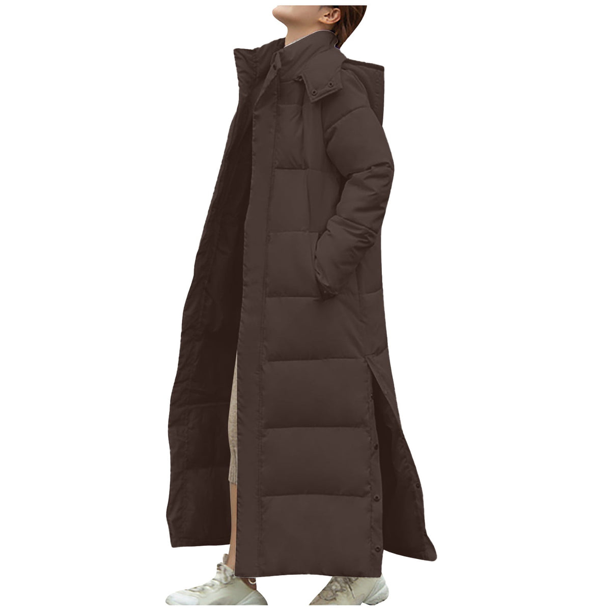 FNFYFH Fleece Puffer for Women Winter Button Hooded Coats Quilted Long Jacket Outerwear with Pockets Womens Warm Windproof Overcoat Gray XXXL