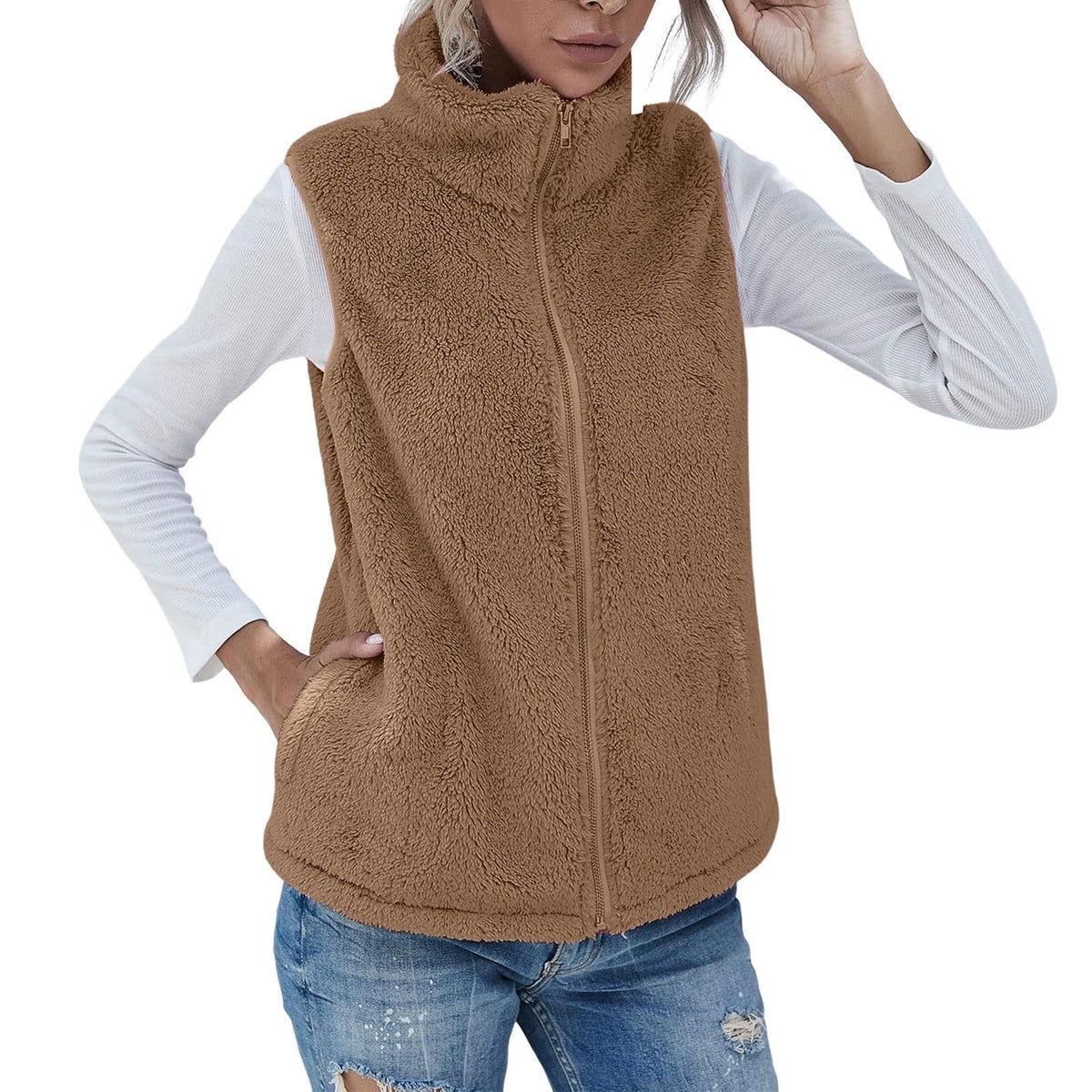 FNFYFH Fleece Vest for Women Fluffy Vest Zipper Sleeveless Coat with Pockets Winter Warm Zip Up Jackets 2025 Plus Size Jacket Blue S-5XL