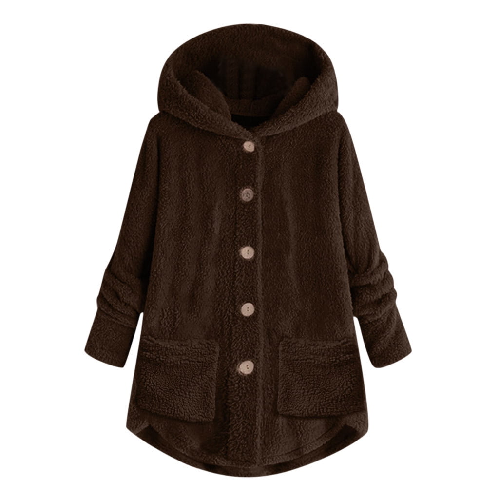 FNFYFH Winter Plush Coat for Women Warm Fluffy Hooded Coats Hot Sale Womens Button Long Sleeve Jackets with Pockets Thermal Outerwear S-5XL