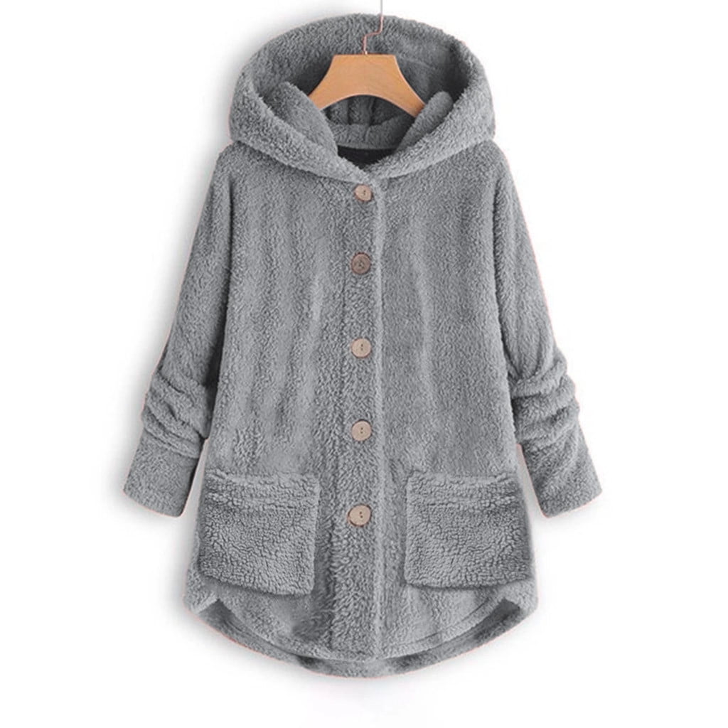 FNFYFH Winter Plush Coat for Women Warm Fluffy Hooded Coats Hot Sale Womens Button Long Sleeve Jackets with Pockets Thermal Outerwear S-5XL
