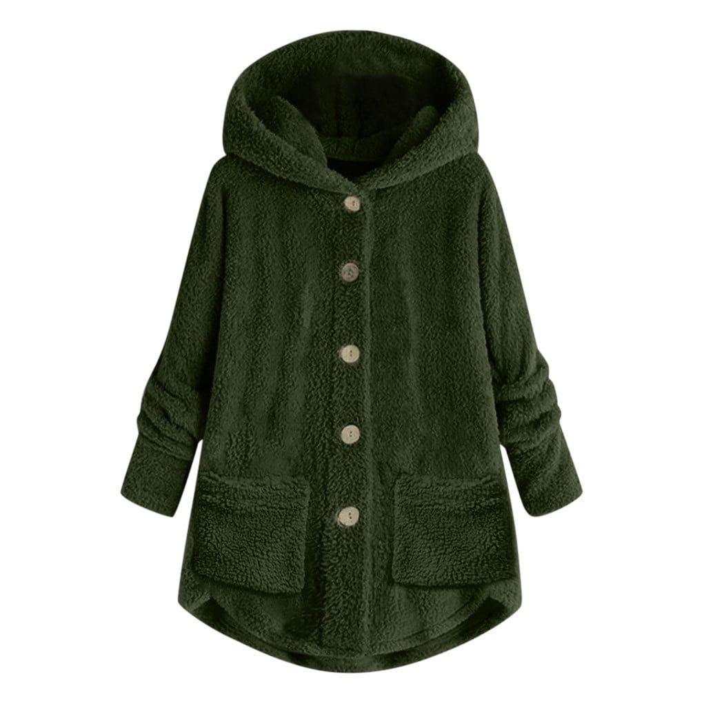 FNFYFH Winter Plush Coat for Women Warm Fluffy Hooded Coats Hot Sale Womens Button Long Sleeve Jackets with Pockets Thermal Outerwear S-5XL