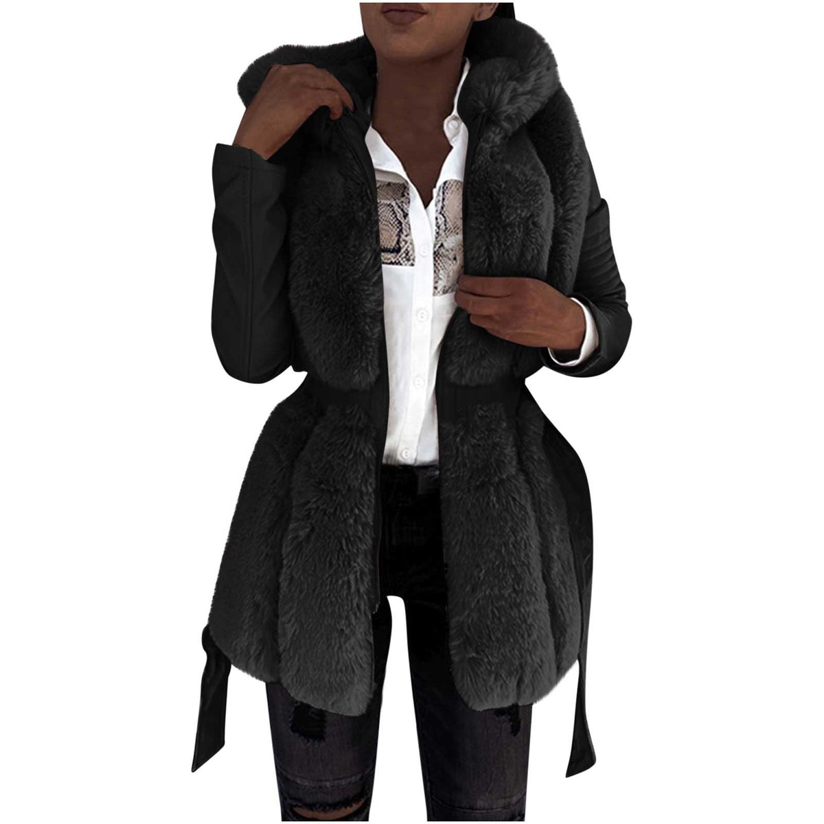 HAPIMO Women's Winter Warm Hooded Coat Soft Comfy Faux Fur Coat Long Sleeve Zip Up Solid Coats Fall Winter Casual Thick Warm Outerwear Black XXXXXL