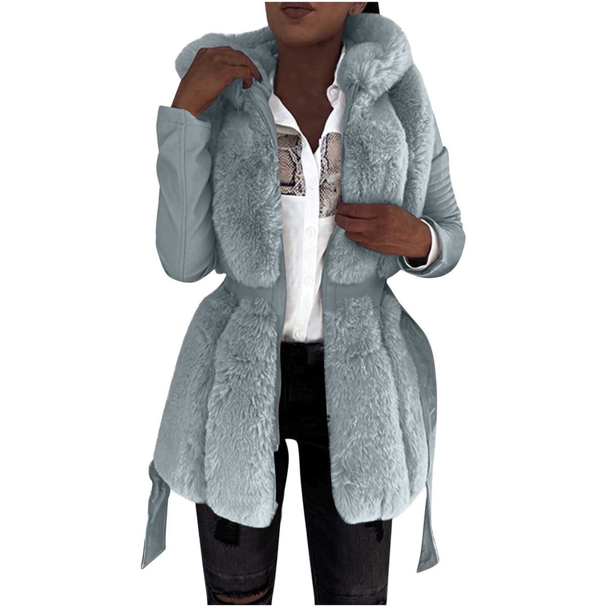 HAPIMO Women's Winter Warm Hooded Coat Soft Comfy Faux Fur Coat Long Sleeve Zip Up Solid Coats Fall Winter Casual Thick Warm Outerwear Black XXXXXL