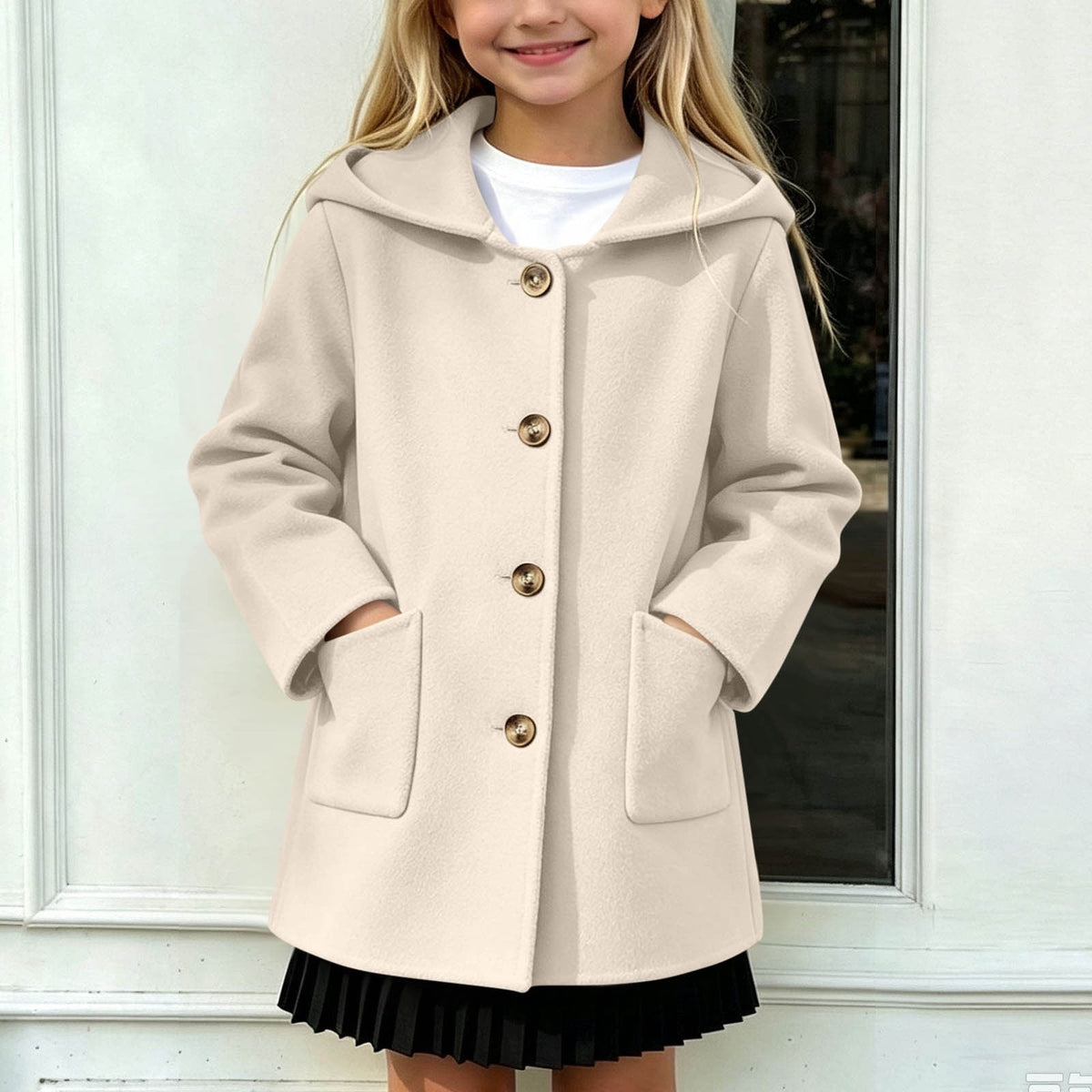 Hfnxid Girls Hooded Pea Coat Button Down Mid Length Warm Jackets Winter Faux Wool Trench Jacket 5-15 Years Light Blue,6-7 Years