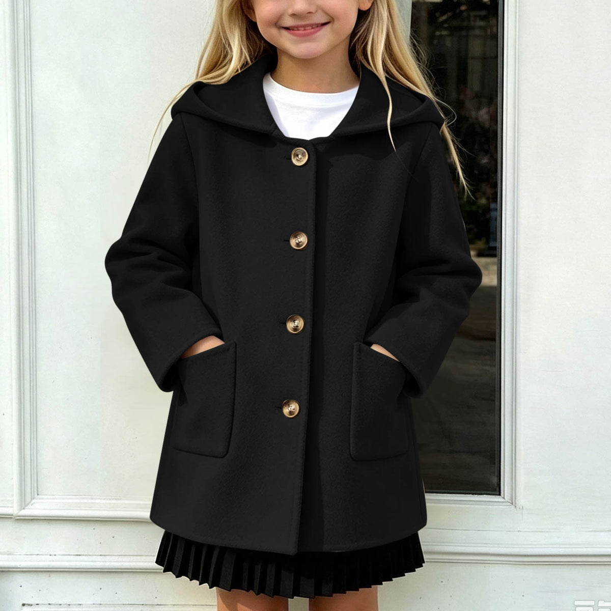 Hfnxid Girls Hooded Pea Coat Button Down Mid Length Warm Jackets Winter Faux Wool Trench Jacket 5-15 Years Light Blue,6-7 Years