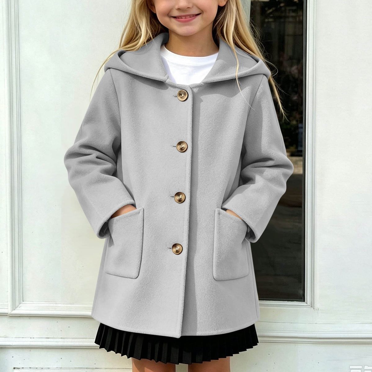 Hfnxid Girls Hooded Pea Coat Button Down Mid Length Warm Jackets Winter Faux Wool Trench Jacket 5-15 Years Light Blue,6-7 Years