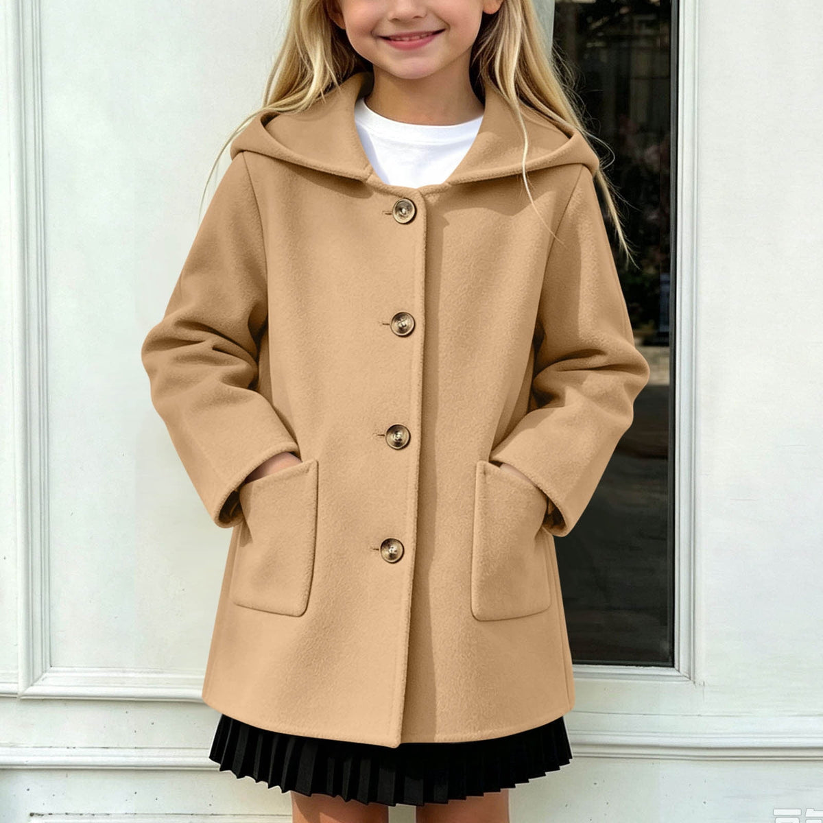 Hfnxid Girls Hooded Pea Coat Button Down Mid Length Warm Jackets Winter Faux Wool Trench Jacket 5-15 Years Light Blue,6-7 Years