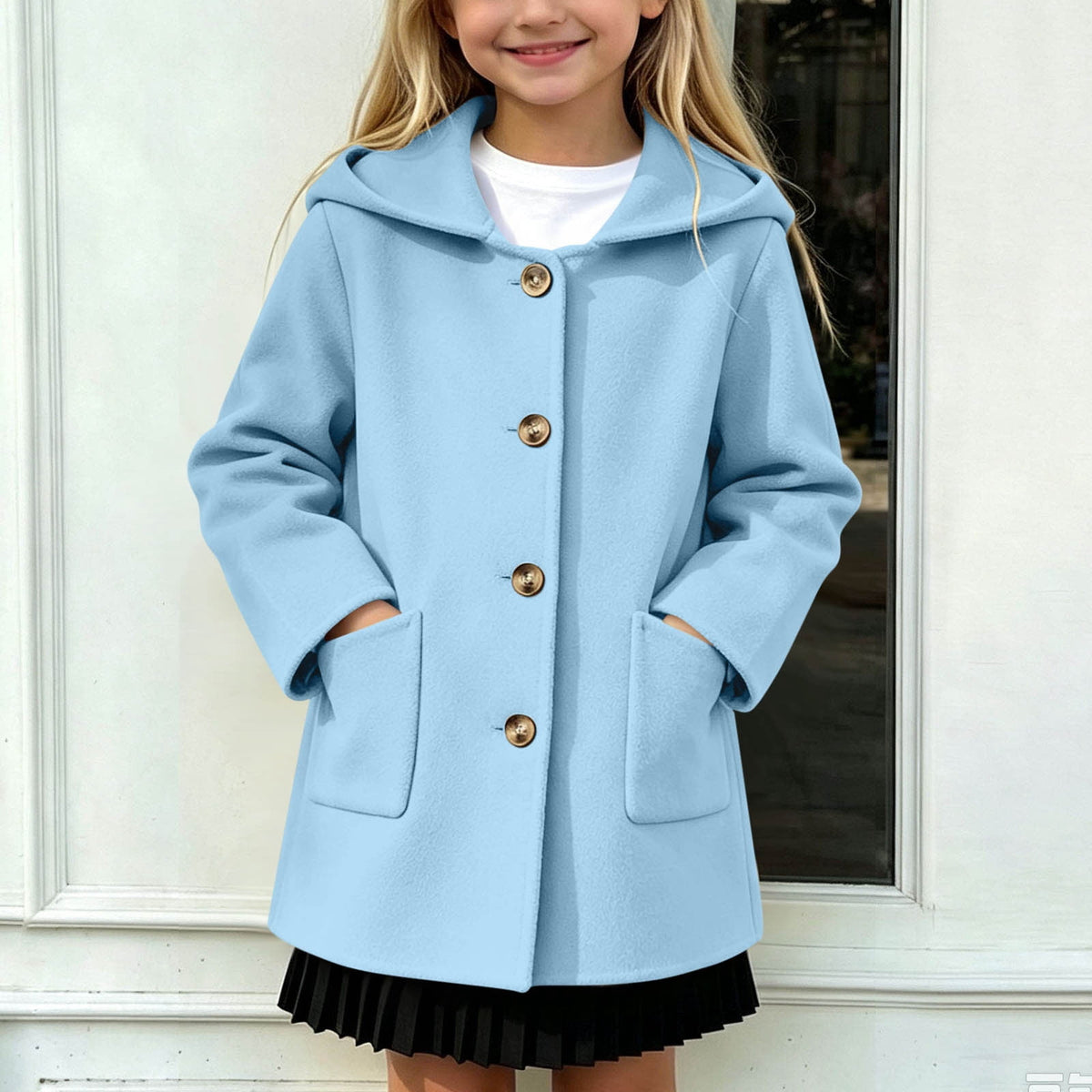 Hfnxid Girls Hooded Pea Coat Button Down Mid Length Warm Jackets Winter Faux Wool Trench Jacket 5-15 Years Light Blue,6-7 Years
