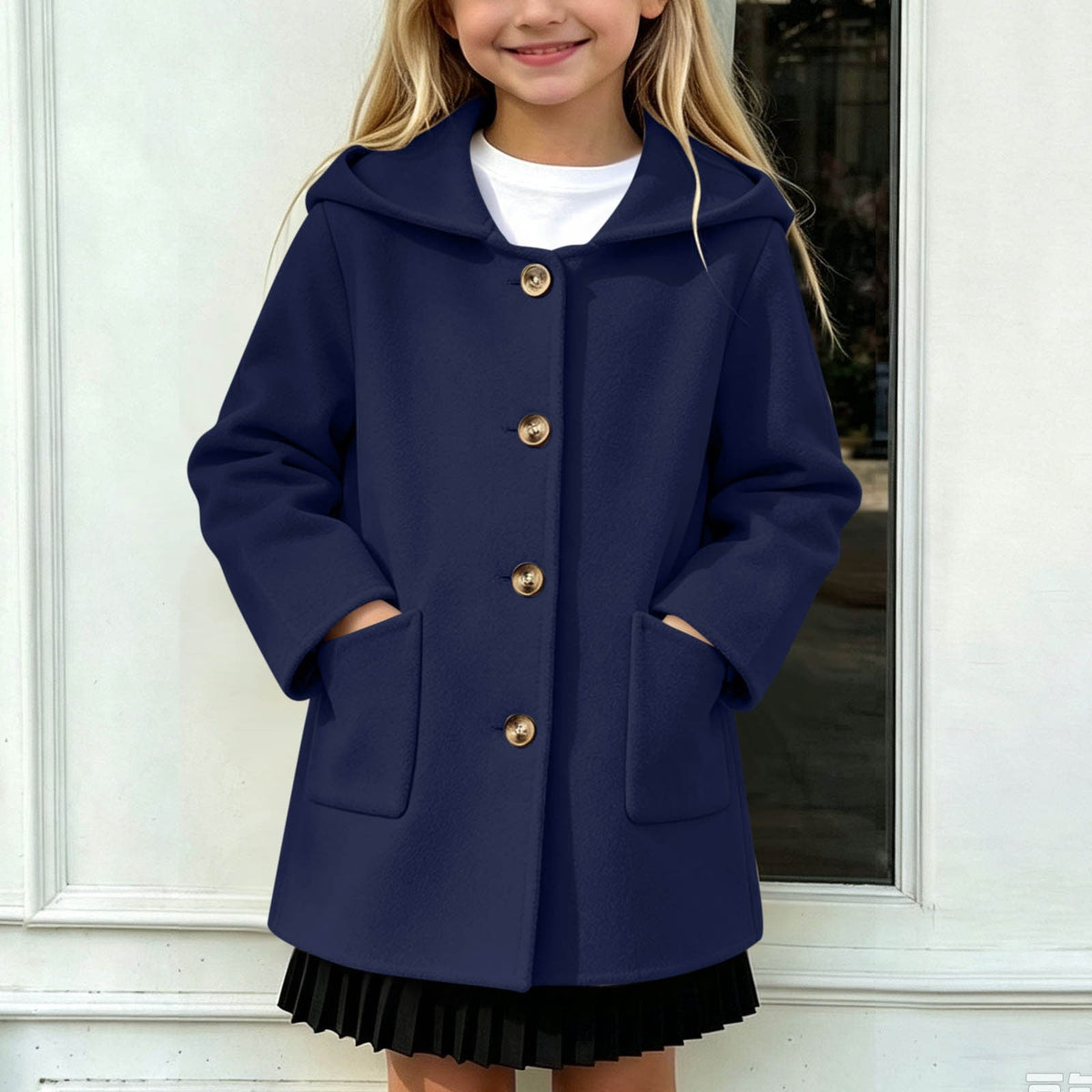 Hfnxid Girls Hooded Pea Coat Button Down Mid Length Warm Jackets Winter Faux Wool Trench Jacket 5-15 Years Light Blue,6-7 Years