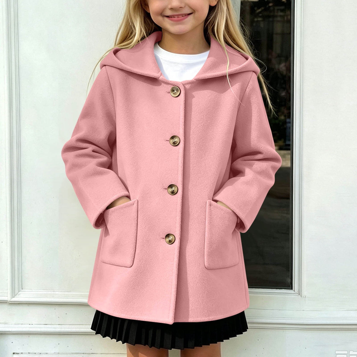 Hfnxid Girls Hooded Pea Coat Button Down Mid Length Warm Jackets Winter Faux Wool Trench Jacket 5-15 Years Light Blue,6-7 Years